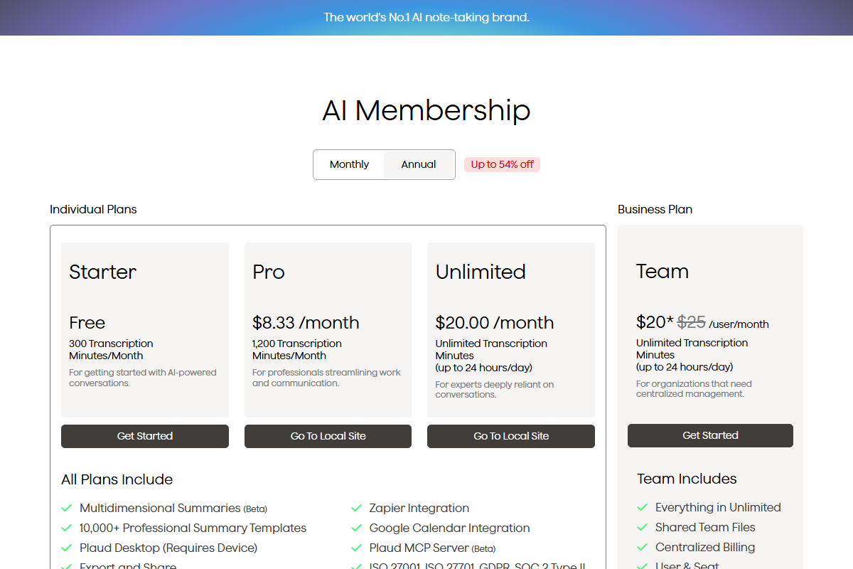PLAUD's AI Membership pricing page, showing Starter free with 300 minutes, Pro at $8.33 a month, and Unlimited at $20.00 a month