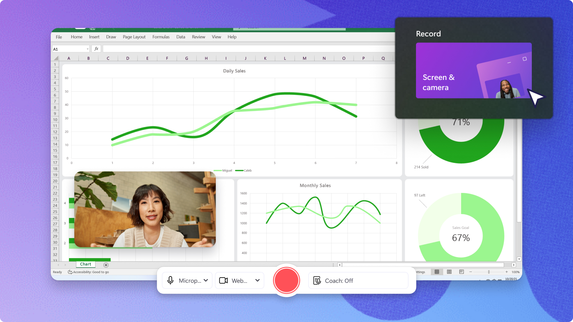 Clipchampの画面録画機能。「Screen & camera」で画面とカメラを同時に記録し、マイクとWebカメラを選んで録画を開始する
