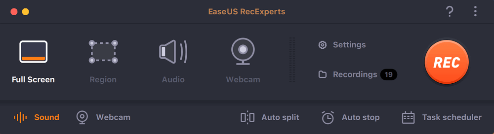 EaseUS RecExperts for Mac のメイン画面。全画面・範囲指定・音声・Webカメラを選んでRECを押す構成になっている
