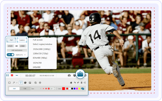 FonePaw PC画面録画の録画画面。赤い枠で録画範囲を指定し、録画中のツールバーから注釈や録画の停止を操作できる