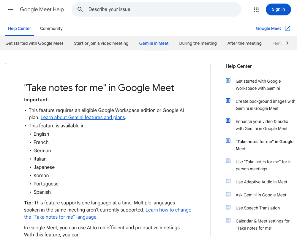 Google Meet Help page for 