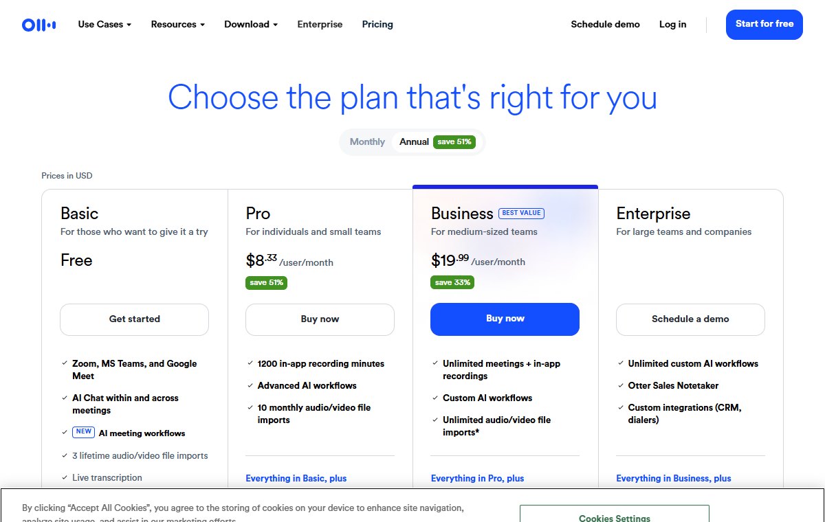 Otter.aiの料金ページ。Basic（無料）、Pro $8.33/user/month、Business $19.99/user/month、Enterprise の4プランが並んでいる