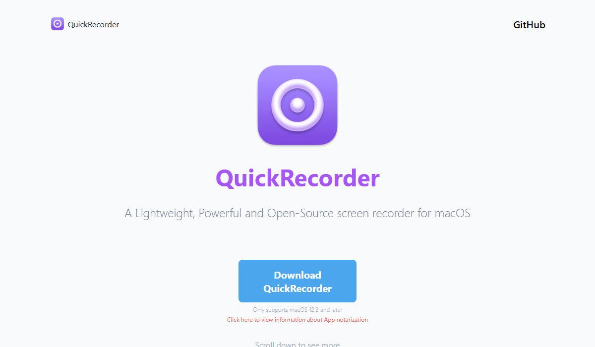 QuickRecorder公式サイトのダウンロードボタン。対応OSはmacOS 12.3以降のみで、Appの公証に関する情報へのリンクが添えられている