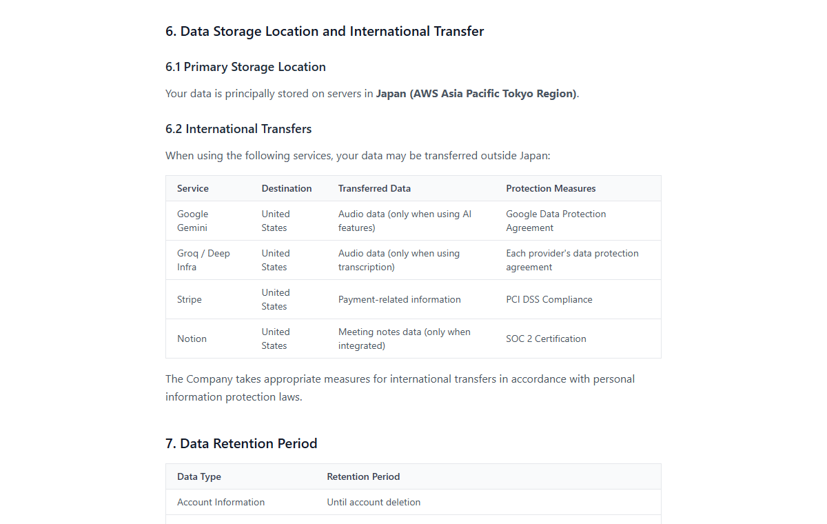 The privacy policy section on data storage location and international transfers, showing principal storage in Japan (AWS Asia Pacific Tokyo Region) and transfers to Google Gemini, Groq / Deep Infra, Stripe, and Notion
