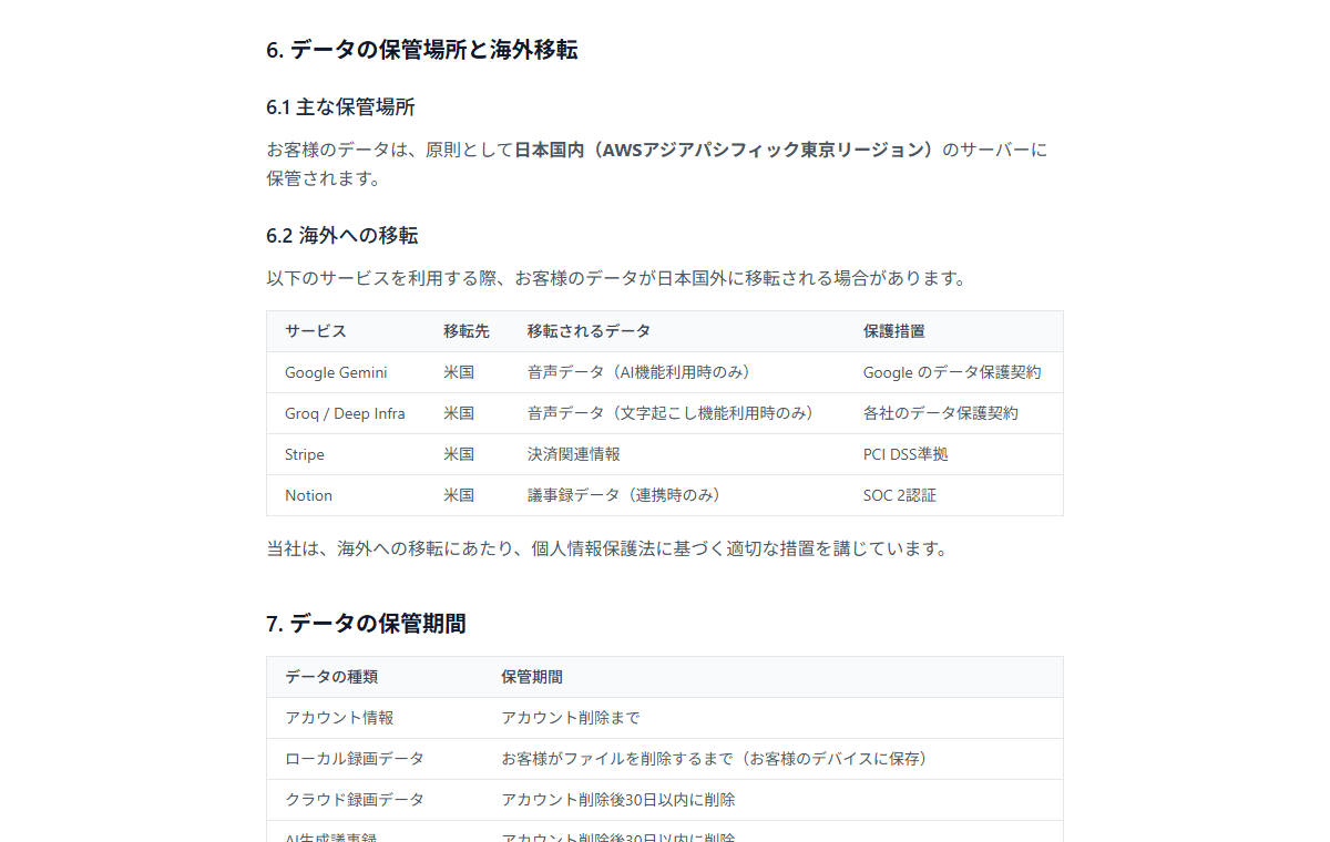 プライバシーポリシーの「データの保管場所と海外移転」。原則として日本国内（AWSアジアパシフィック東京リージョン）に保管し、Google Gemini・Groq / Deep Infra・Stripe・Notionへの海外移転が一覧化されている