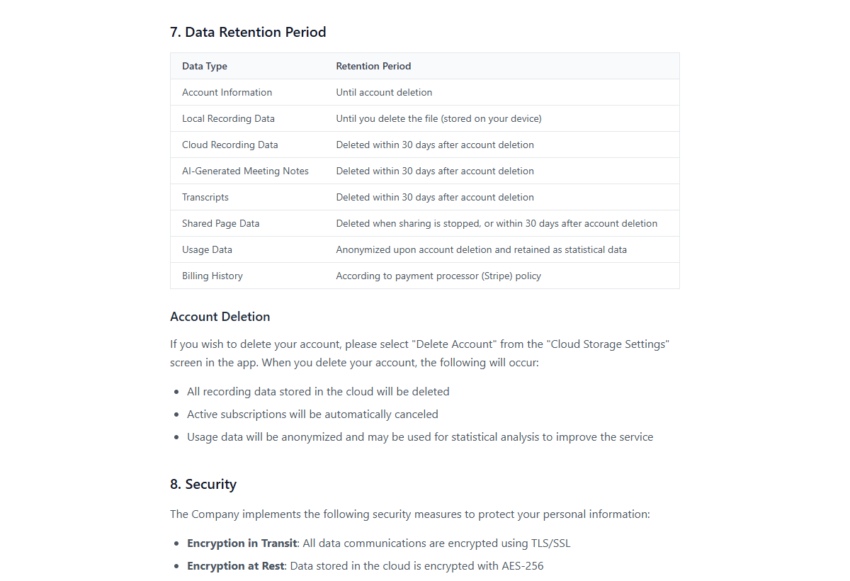 The privacy policy's data retention table and account deletion notes, showing cloud recordings, AI meeting notes, and transcripts deleted within 30 days of account deletion