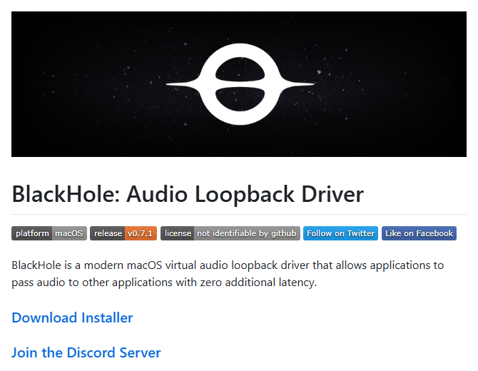 BlackHole公式リポジトリのREADME。「BlackHole is a modern macOS virtual audio loopback driver that allows applications to pass audio to other applications with zero additional latency」と説明されている