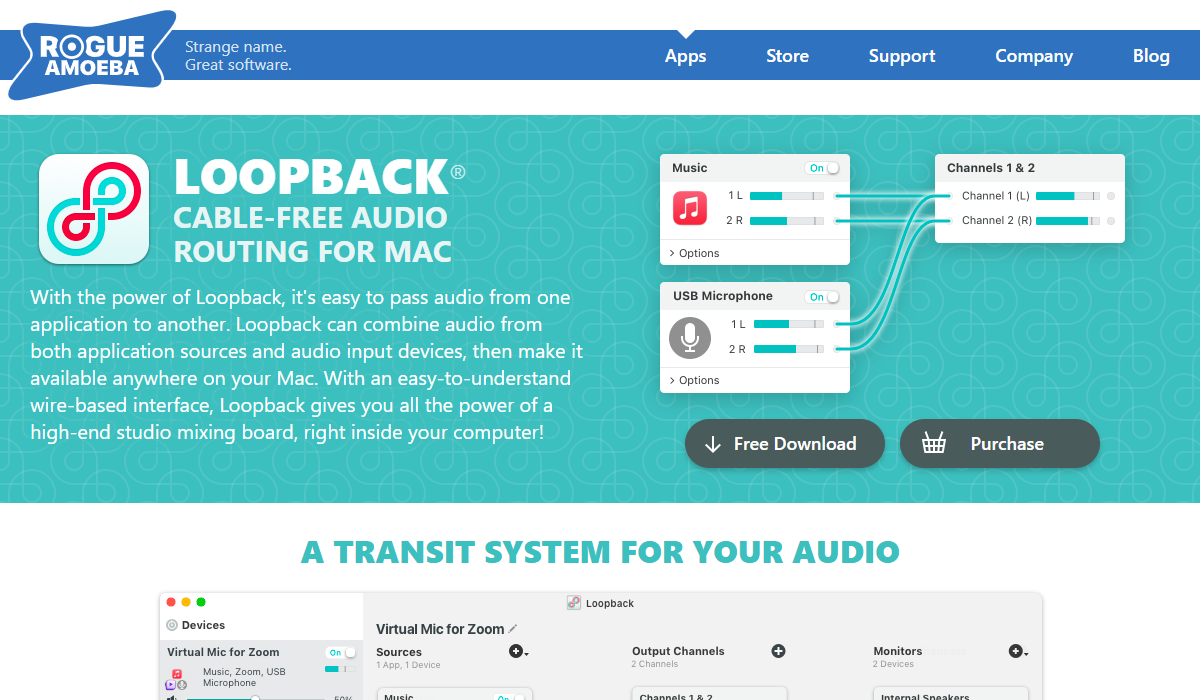 Loopback公式サイト。音楽アプリとUSBマイクの出力を線でつないで、1つの仮想デバイスにまとめる操作画面が示されている