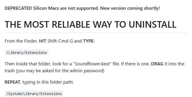Soundflower公式リポジトリのREADME冒頭。「DEPRECATED Silicon Macs are not supported. New version coming shortly!」と表示され、その下にアンインストール手順が続いている