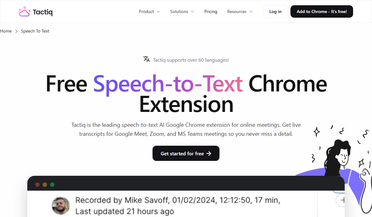 The Tactiq site, describing a free Chrome extension that pulls live transcripts from Google Meet, Zoom, and MS Teams