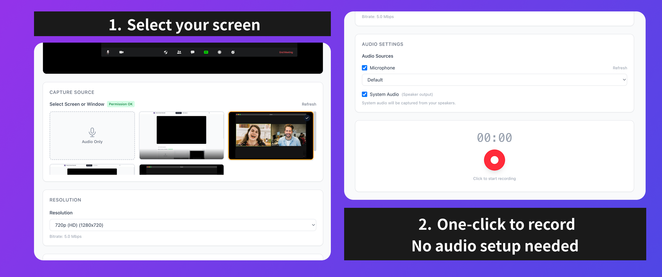Selecting the capture target and configuring microphone and system audio separately