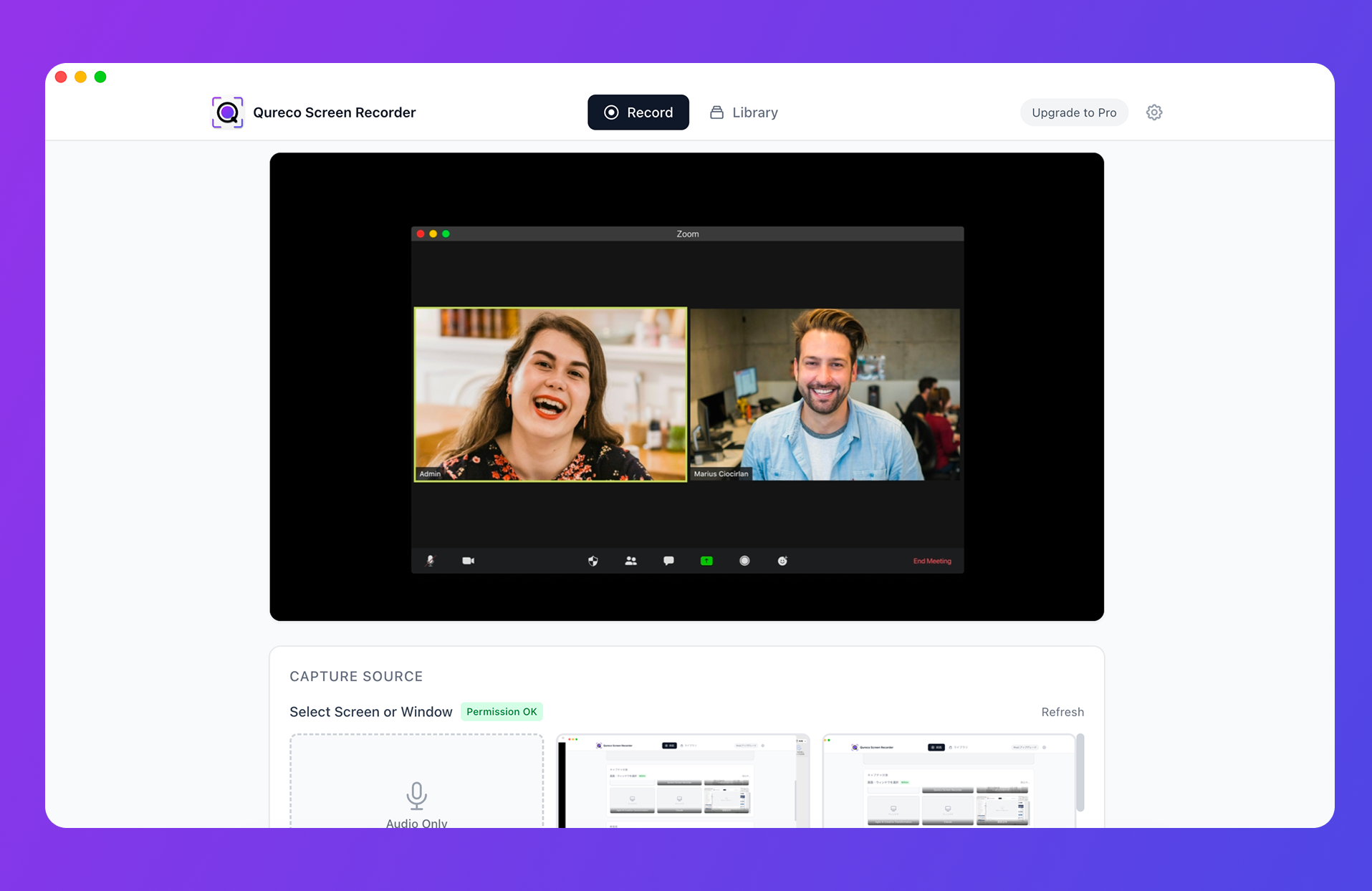 The Qureco app showing the recording library and generated meeting notes