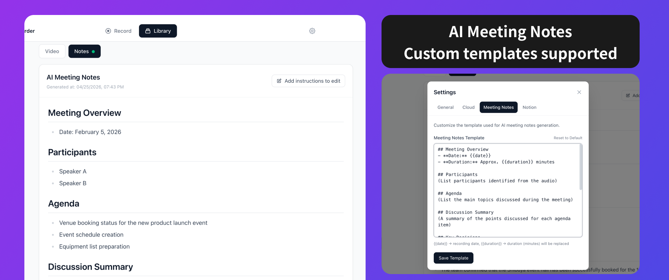 AI-generated meeting notes and the note template settings